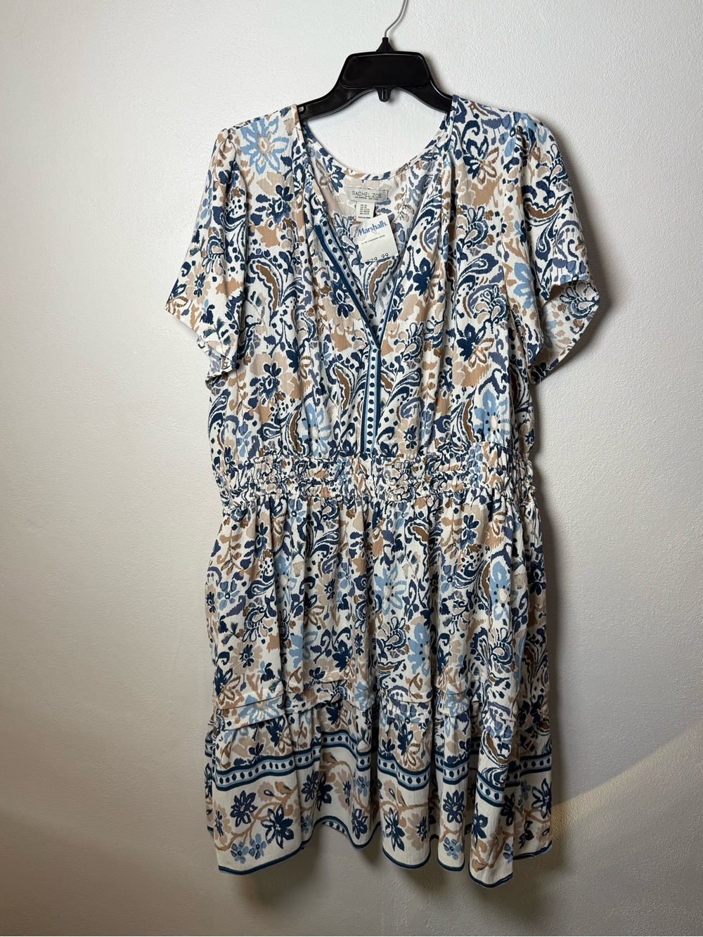 Rachel Zoe Blue and Tan Floral V-Neck Tiered Mini Dress - Picture 2 of 5